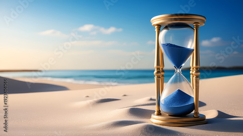 Elegant hourglass with blue sand, symbolizing time and deadlines.