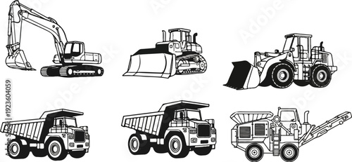 Collection of six heavy machinery illustrations including excavators, bulldozers, dump trucks and a paver