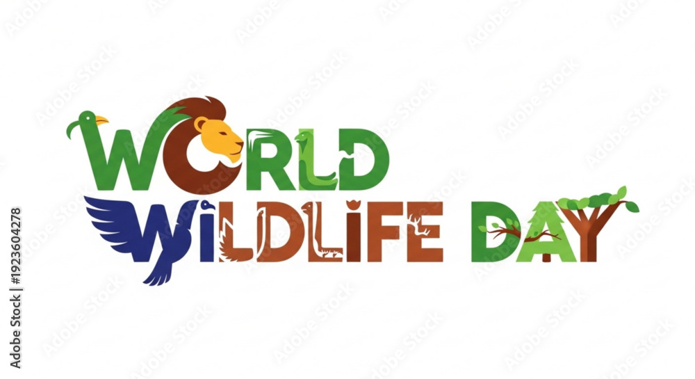 Fototapeta premium World wildlife day logo with colorful animal illustrations and text on white background