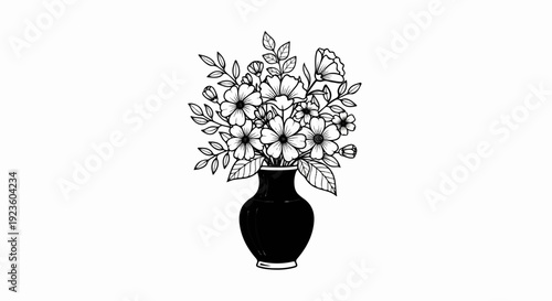 Black vase brimming with delicate line-drawn flowers and leaves