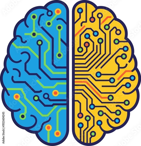 Abstract illustration of a human brain divided into two halves, one representing biological processes and the other representing digital technology and artificial intelligence