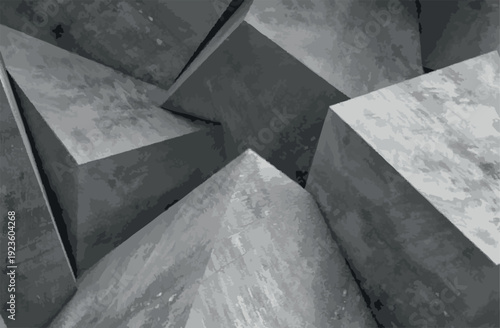Abstract geometric background with grey concrete blocks, 3D architectural cement shapes, industrial minimalist stone texture