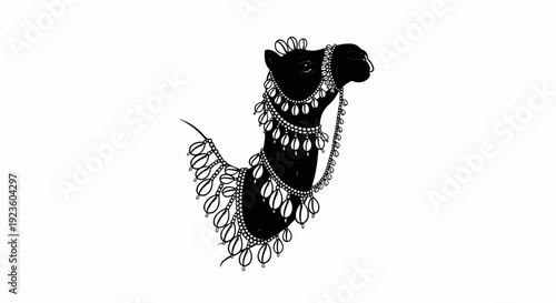 Black camel silhouette adorned with ornate pearl and silver jewelry