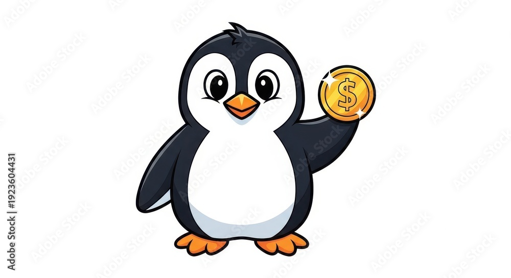 Obraz premium Cheerful penguin holding a gold coin.