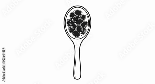 Black and white illustration of a spoon filled with seeds