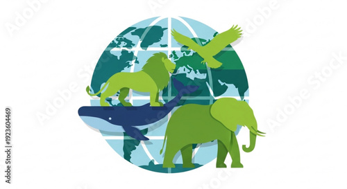Diverse animals on a globe symbolizing wildlife conservation and global ecosystem earthy tones