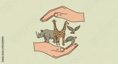 Hands cradling endangered animals conservation concept with giraffe rhino bird and turtle