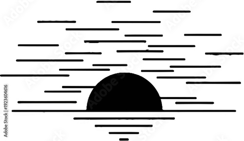 Abstract graphic of a setting sun with horizontal lines representing rays and water