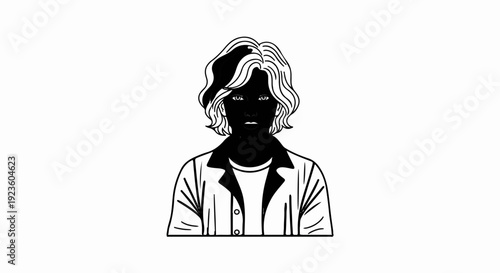 Black and white illustration of a person with wavy hair and a jacket