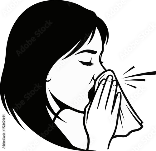 Black and white illustration of a person sneezing into a tissue