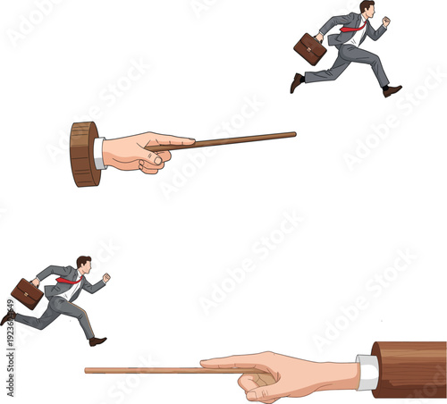 Professional businessman in suit jumping over large pointing hand for overcoming business obstacles challenge leadership and career growth success concept