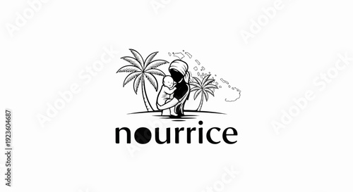 Black and white illustration of a mother and child on an island with palm trees