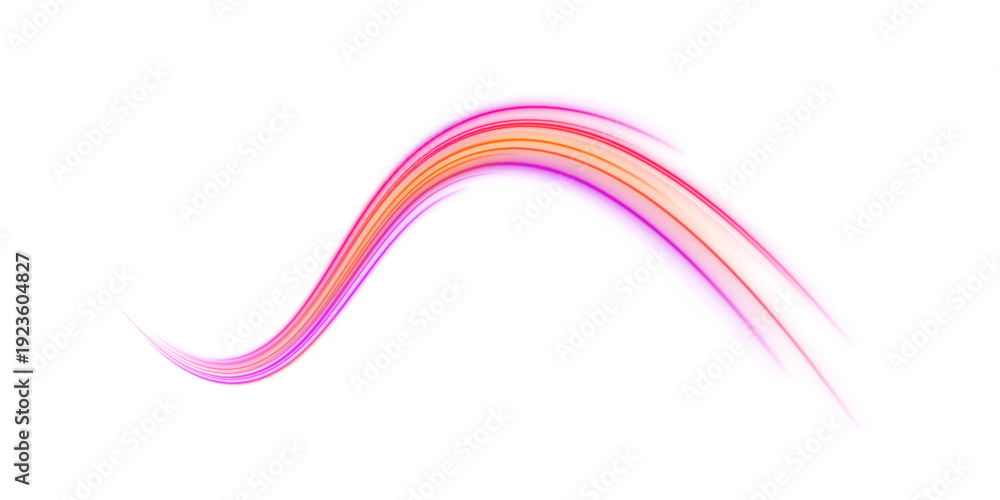 Obraz premium Orange and purple neon ribbons curve smoothly in a PNG composition. Tiny glowing particles follow the paths. Perfect overlay for futuristic, tech, or sci-fi designs.