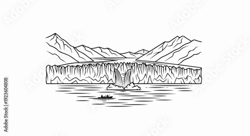 Black and white illustration of a massive glacier with waterfalls, mountains, and a boat