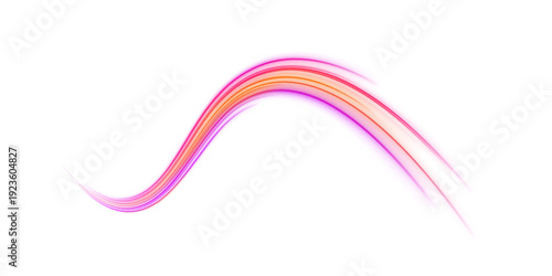 Orange and purple neon ribbons curve smoothly in a PNG composition. Tiny glowing particles follow the paths. Perfect overlay for futuristic, tech, or sci-fi designs.