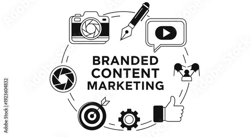Branded content marketing strategy concept with camera, video, and social media icons.