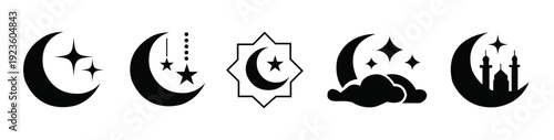 Crescent moon and star icon set. half moon filled black silhouette vector symbols, minimal flat Islamic religious sign collection for Ramadan Kareem and Eid Mubarak design