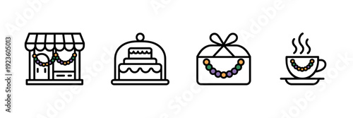 Thin line Mardi Gras bakery icons – Great for web design, digital interfaces, or local business marketing.