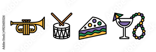 Mardi Gras music and food icons – Perfect for jazz festival flyers, parade posters, or restaurant signage.
