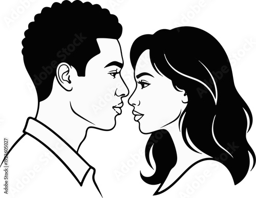 Black and white illustration of a man and woman looking at each other closely