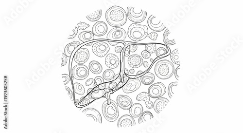 Black and white illustration of a liver over a circular pattern of cells