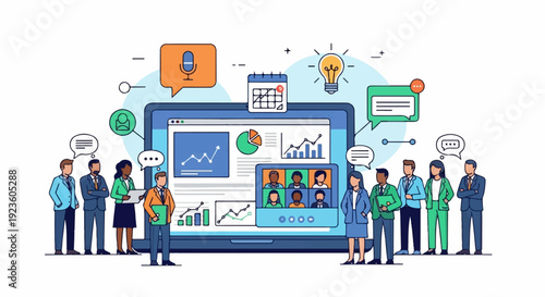Diverse professionals collaborate virtually using a laptop, charts, and communication icons