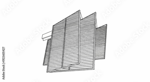 Abstract sketch of angled, slatted panels on a white background