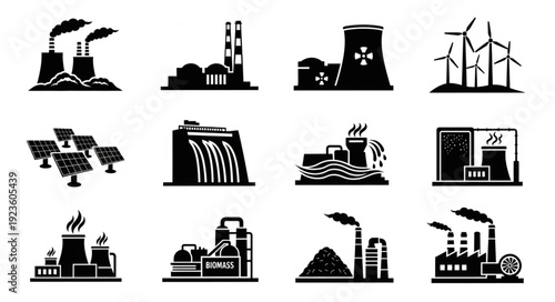 Various power plant icons representing different energy sources and production.