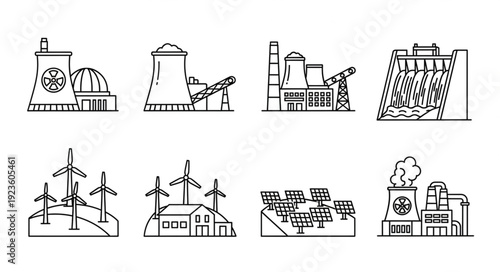Various power plant icons representing different energy generation methods for sustainable resources.