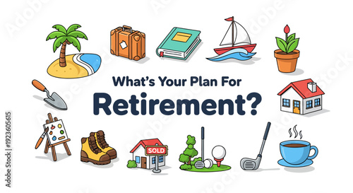 Retirement planning concept with various lifestyle and hobby icons