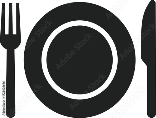 Black silhouette of plate with fork and knife for restaurant dining menu, cafe cutlery branding, and professional food service identity.