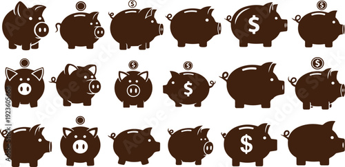 Black piggy bank icons in various poses with dollar coins