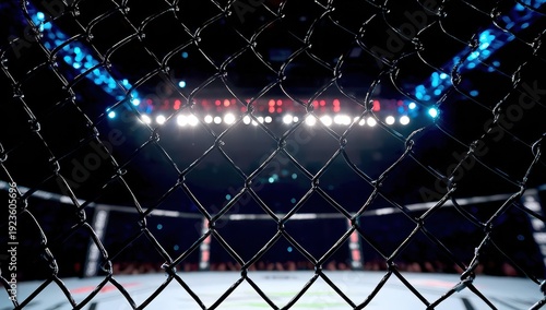 MMA Cage Fight Arena With Chain Link Fence Bright Lights and Blurred Crowd Background For Combat Sports Events and Tournaments