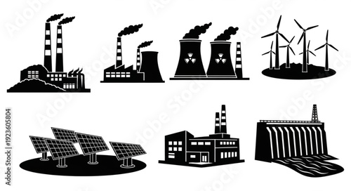 Various power plants and renewable energy sources in silhouette form for energy production.