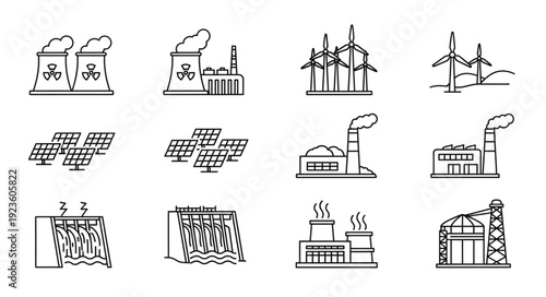 Various power plants and renewable energy sources in a line art style.