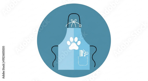 Blue pet grooming apron with paw print design and gift bow on white background