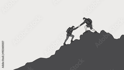Two hikers work together to climb a steep rock while helping each other reach the top of a mountain.