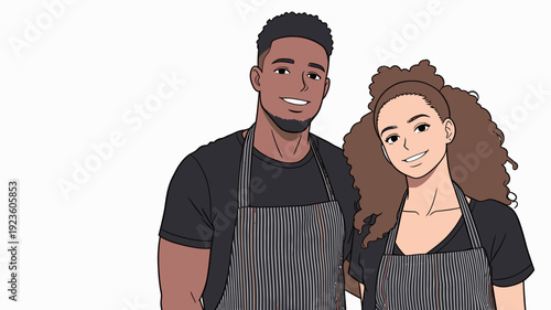 Two young adults stand side by side, wearing aprons, and smile for a picture while engaged in a cooking class.