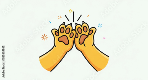 Two yellow cartoon hands with paws touching and colorful sparks flying around them in celebration