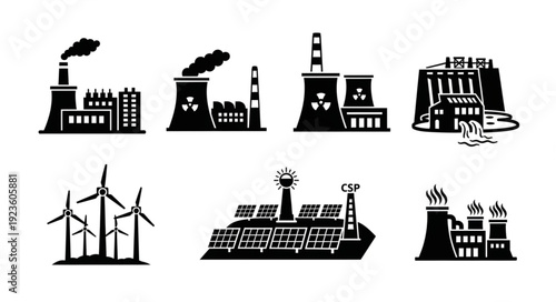 Various power plants and renewable energy sources illustrated in black and white.