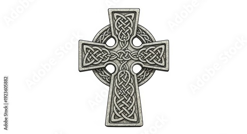 Intricately designed stone Celtic cross on white background.