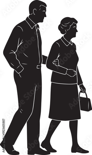 Two elderly couple silhouettes walking side by side, white background