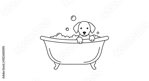 Cute dog taking a relaxing bath with bubbles in a vintage clawfoot bathtub