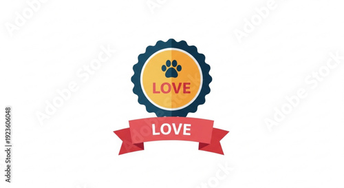 Vector love badge with paw print and ribbon on white background for pets and animals