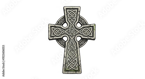 Intricately carved Celtic cross on white background