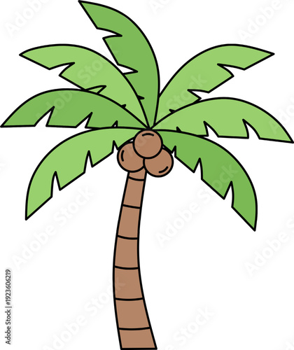 Coconut palm tree cartoon illustration for tropical summer vacation theme, beach party decoration, and island travel graphic design