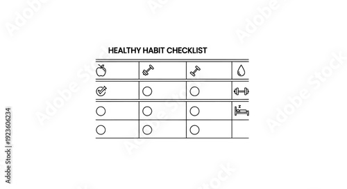 Healthy habit checklist table with icons. Fitness, nutrition, and wellness tracker illustration.