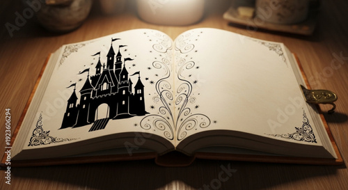 Open book with castle illustration on wooden desk by candlelight fantasy storybook concept