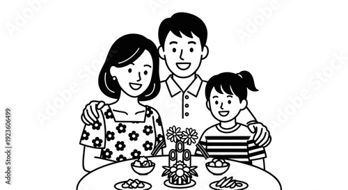 Happy family enjoying dinner at the table. Father, mother, and daughter sharing a meal together illustration.