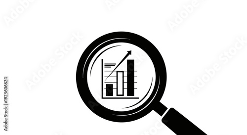 Magnifying glass with growth bar chart and upward arrow icon. Data analysis, business research, and financial success concept in black and white flat style.